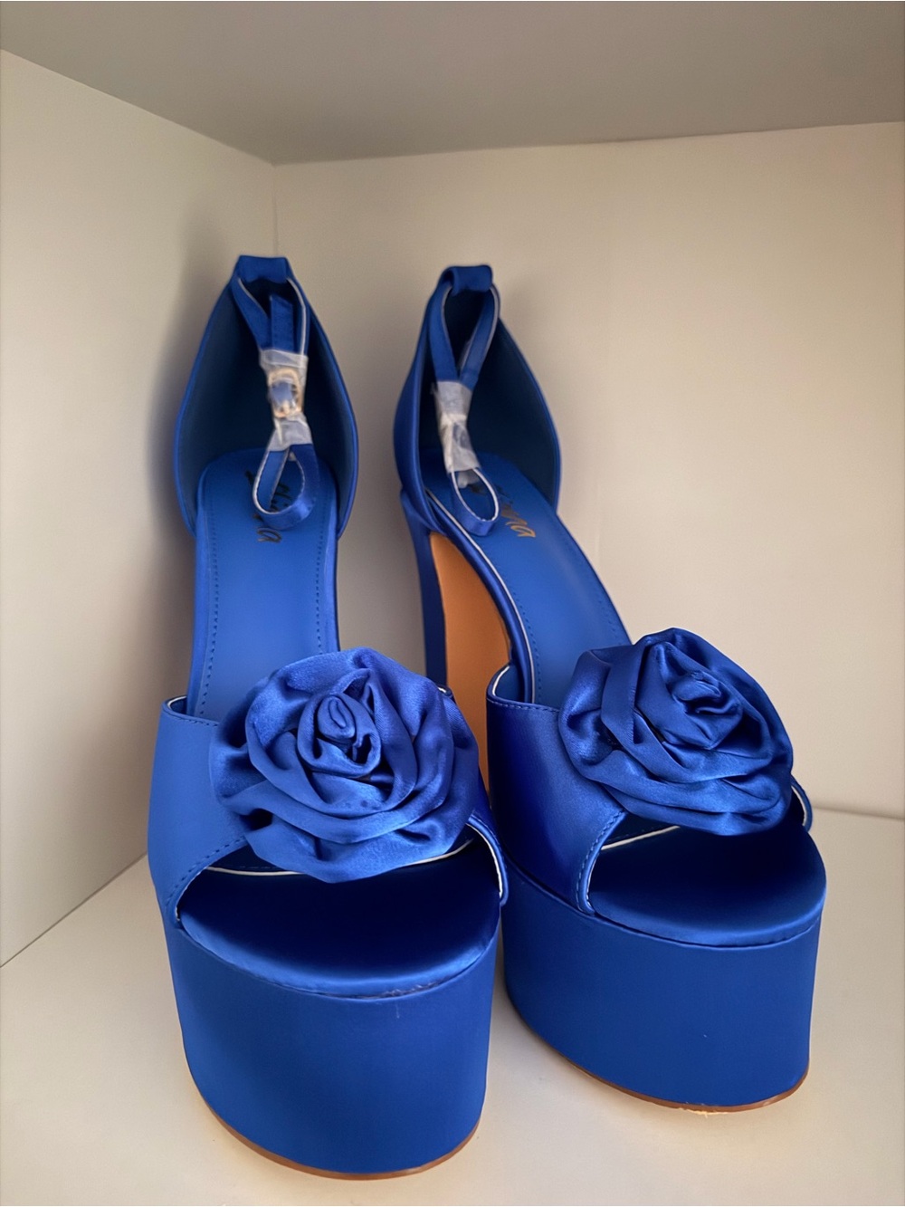 Liliana Royal Blue Satin Platform Sandals with Rosette